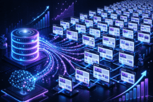 A futuristic, isometric 3D render showing a glowing database seamlessly transforming into hundreds of interconnected web pages. Neon blue and purple data streams, subtle SEO growth charts trending upwards in the background. High-tech artificial intelligence concept, clean professional digital marketing aesthetic, highly detailed, 8k resolution, no text.