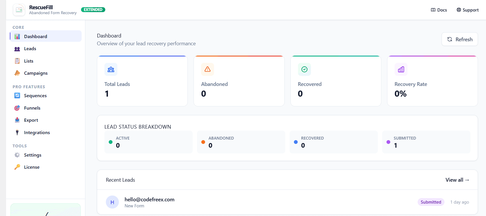 Dashboard: A real-time overview of how well your forms are capturing and recovering leads.