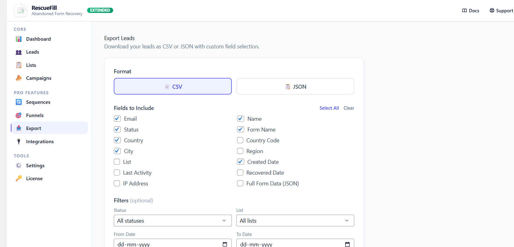 Export : A quick way to download your lead data in CSV or JSON with custom field and filter options.