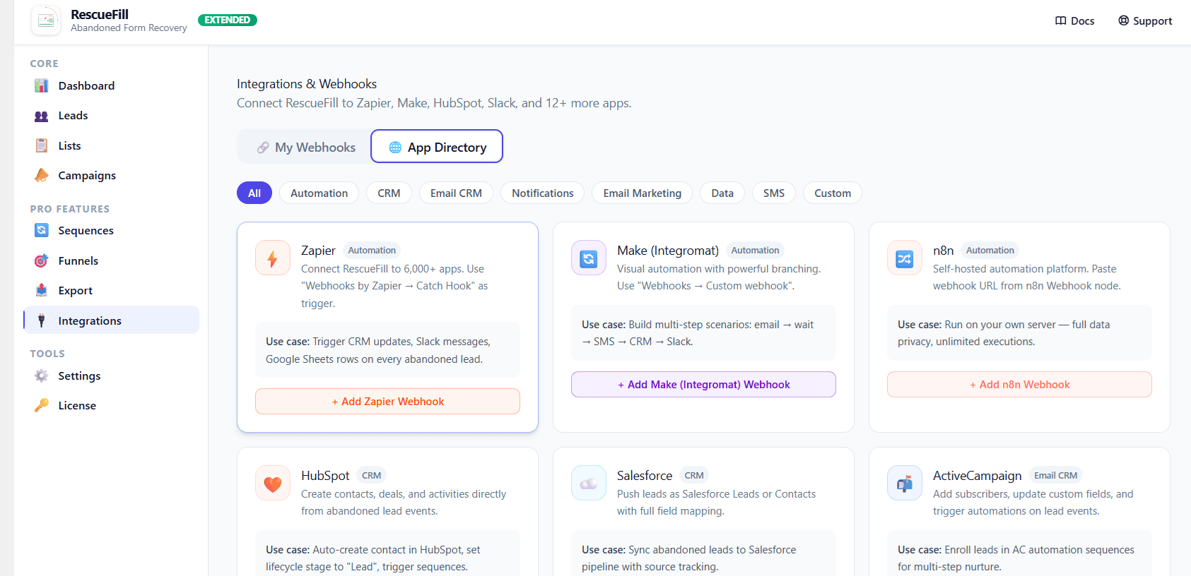 Integrations : A hub to connect RescueFill with your favorite tools like Zapier, HubSpot, and Slack.