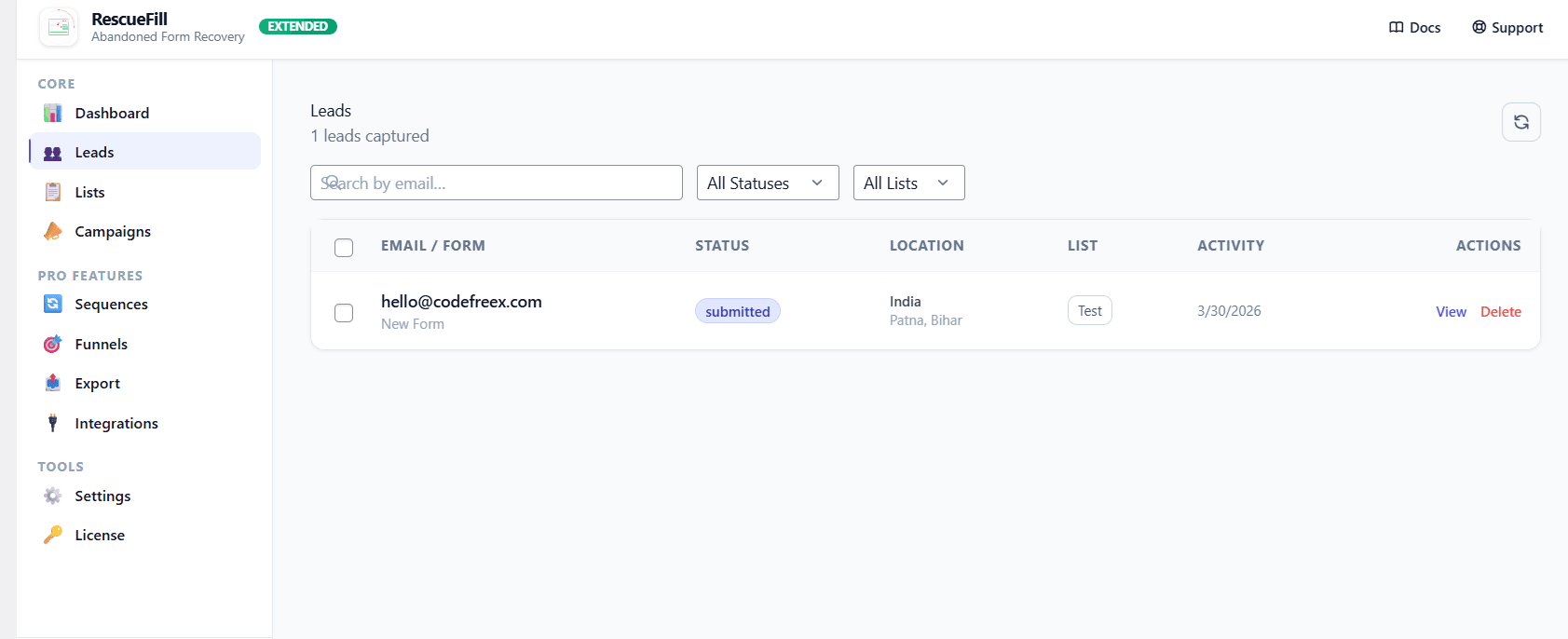 Leads : A complete list of every contact captured through your forms along with their status and activity.