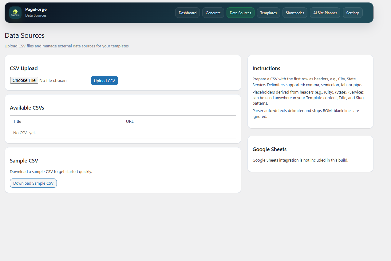 Data Sources - Manage your CSV and Google Sheet connections.