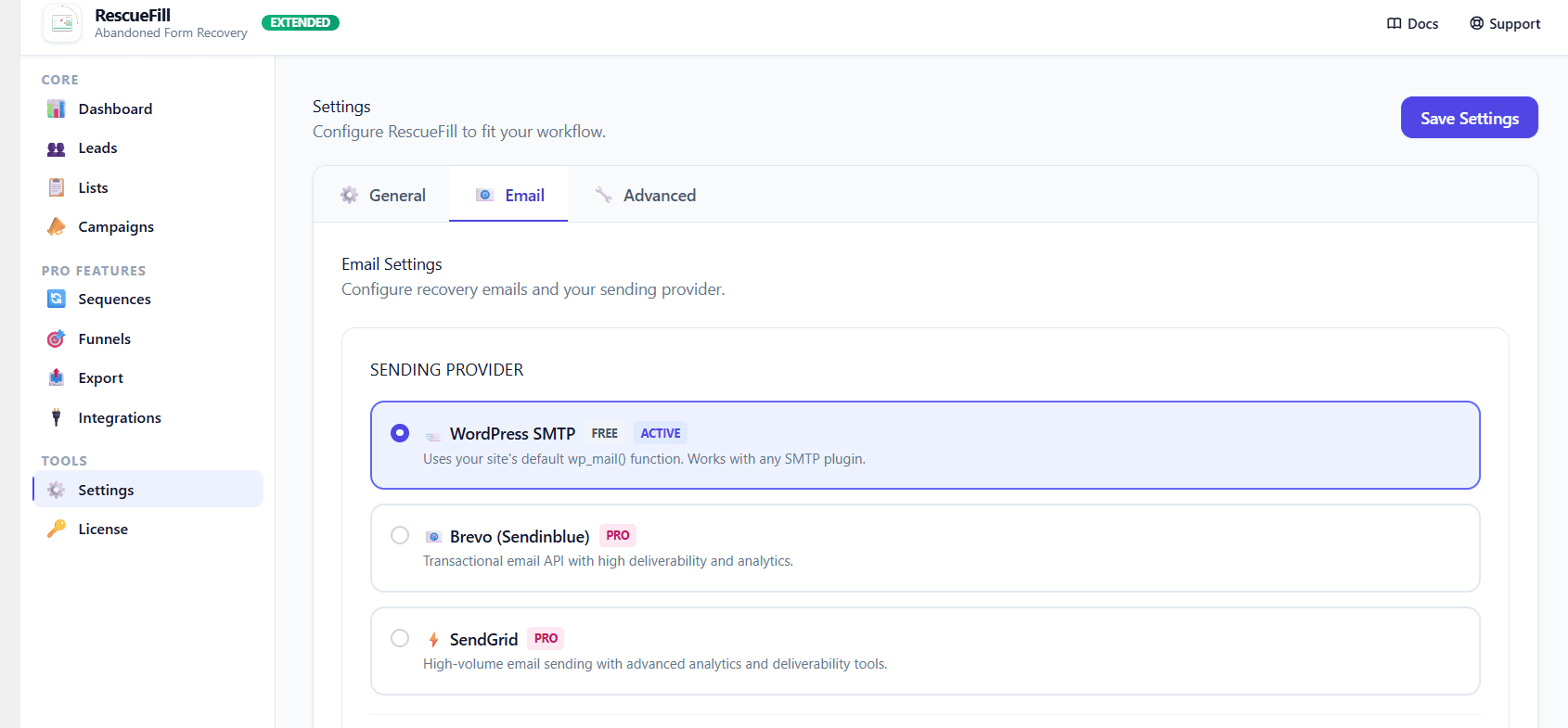 Settings : A place to configure your email sending provider and fine-tune how RescueFill works for you.